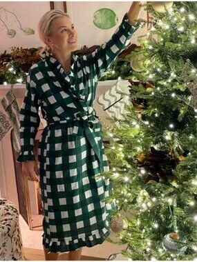 Julia Amory Green Gingham Dressing Robe XS spruce white ruffle cotton